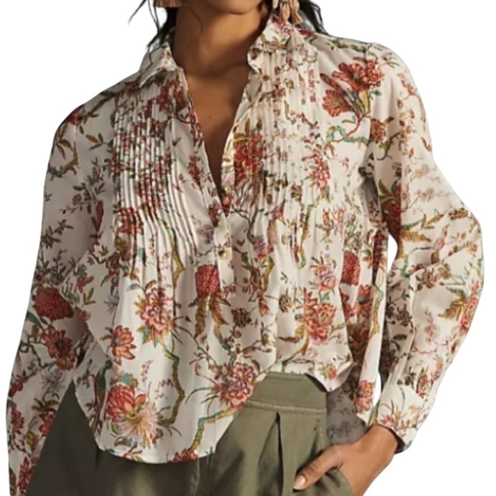 Pilcro Floral Pintuck Puff-Sleeve Blouse in Cream and Rust
